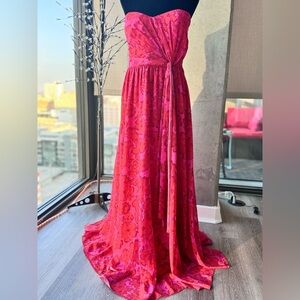 Badgley Mischka Strapless Floral Printed Chiffon Gown